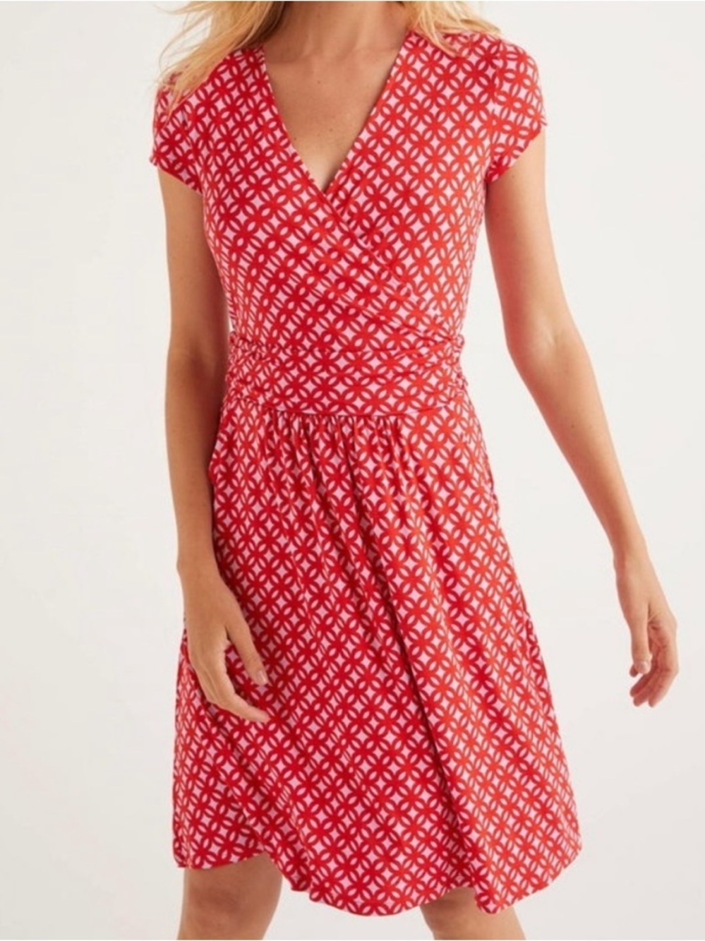 Boden Lola Jersey Dress Red & Pink Geometric Wrap-Style V-Neck Pockets Casual